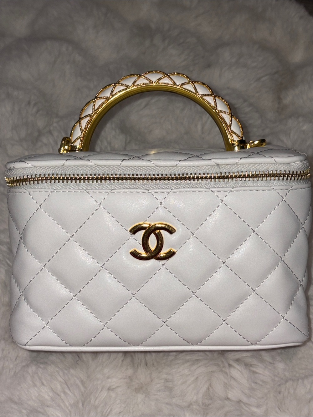 White Quilted Vanity Case crossbody purse with Gold Handle